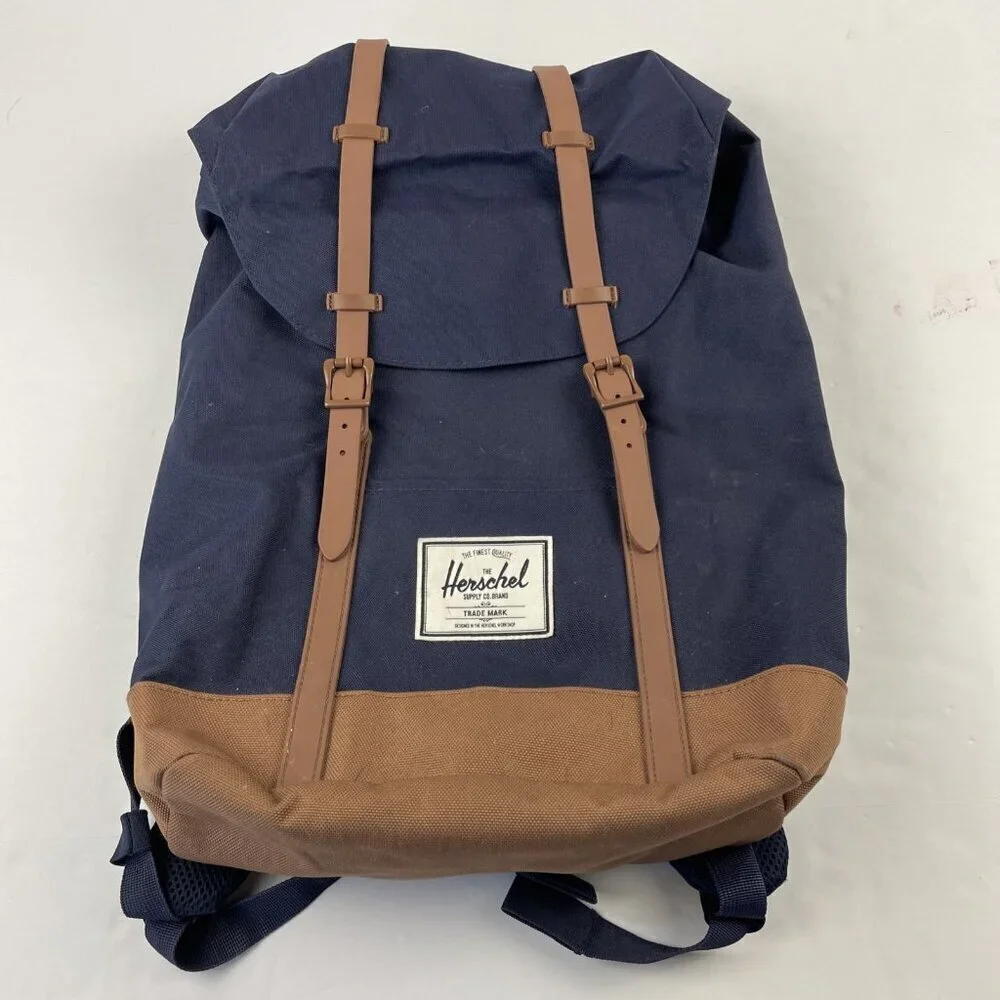 Herschel Retreat Backpack Top Load Navy Brown Canvas Padded Fleece Laptop Sleeve